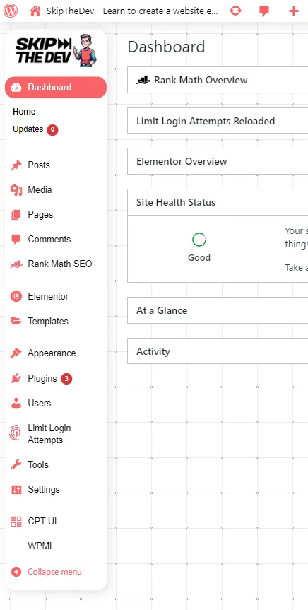 skips custom wordpres dashboard